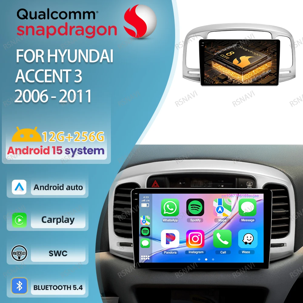 

Автомобильный радиоприемник Android 15 для Hyundai Accent 3 2006-2011, беспроводной Carplay, авто мультимедиа BT QLED 4G LTE, навигация DSP Qualcomm GPS