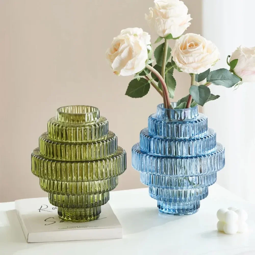 Nordic Stained Glass Vase with Gear Design Hydroponic Flower Arrangement Container for Room Dining Table Home Decoration Vase