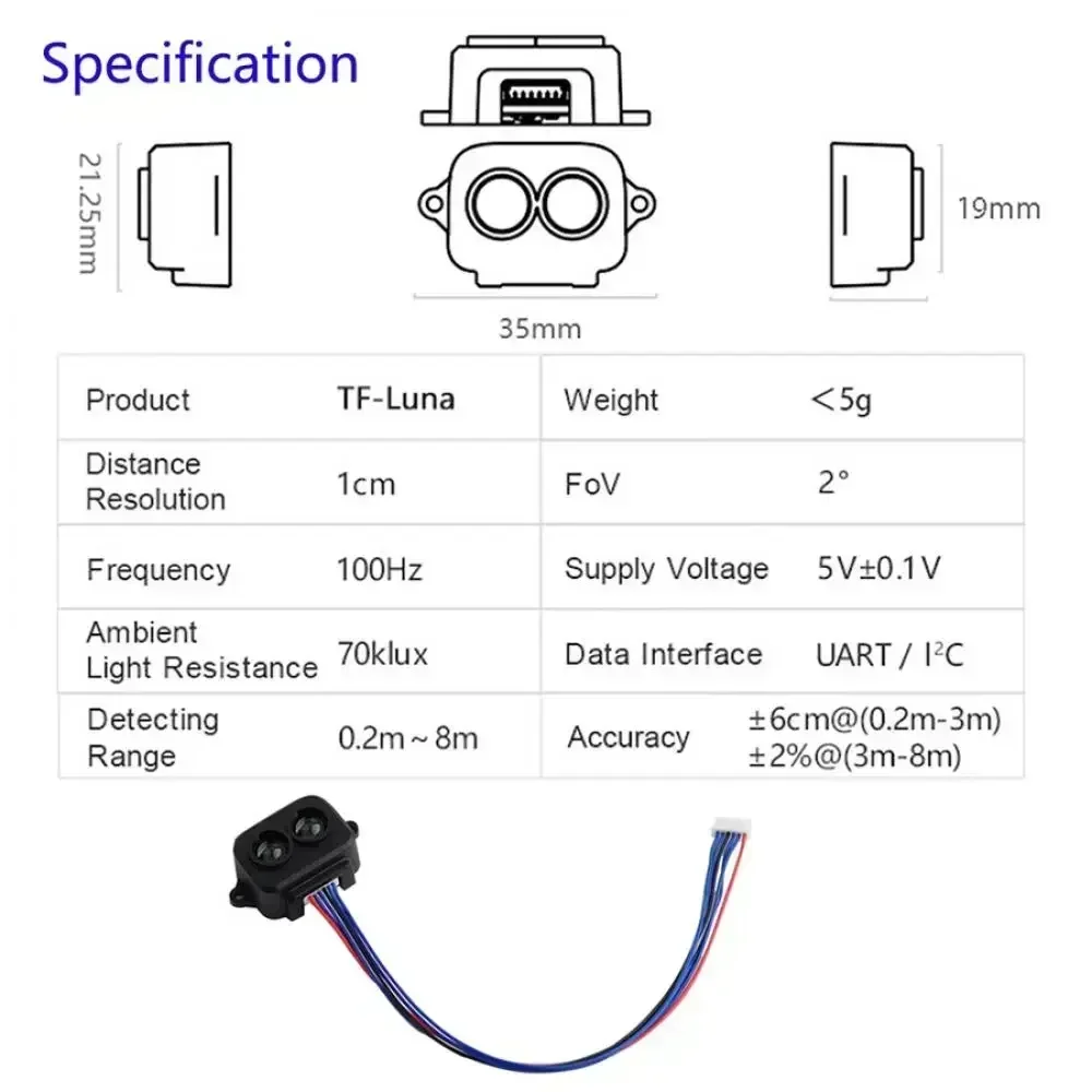 TF-Luna LiDAR Sensor 0.2-8m High-Speed Ranging UART/I2C Interface for Arduino/Pixhawk 5V DC IP42 Protection