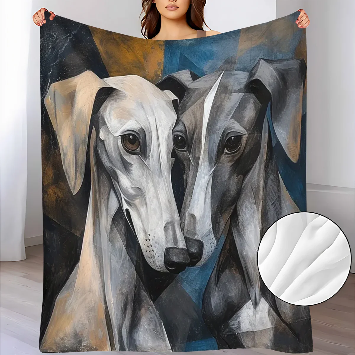 Retro Art Style Whippet Greyhound Portrait Blanket Geometric Textured Background Elegant Sighthound Dog Design Soft Flannel