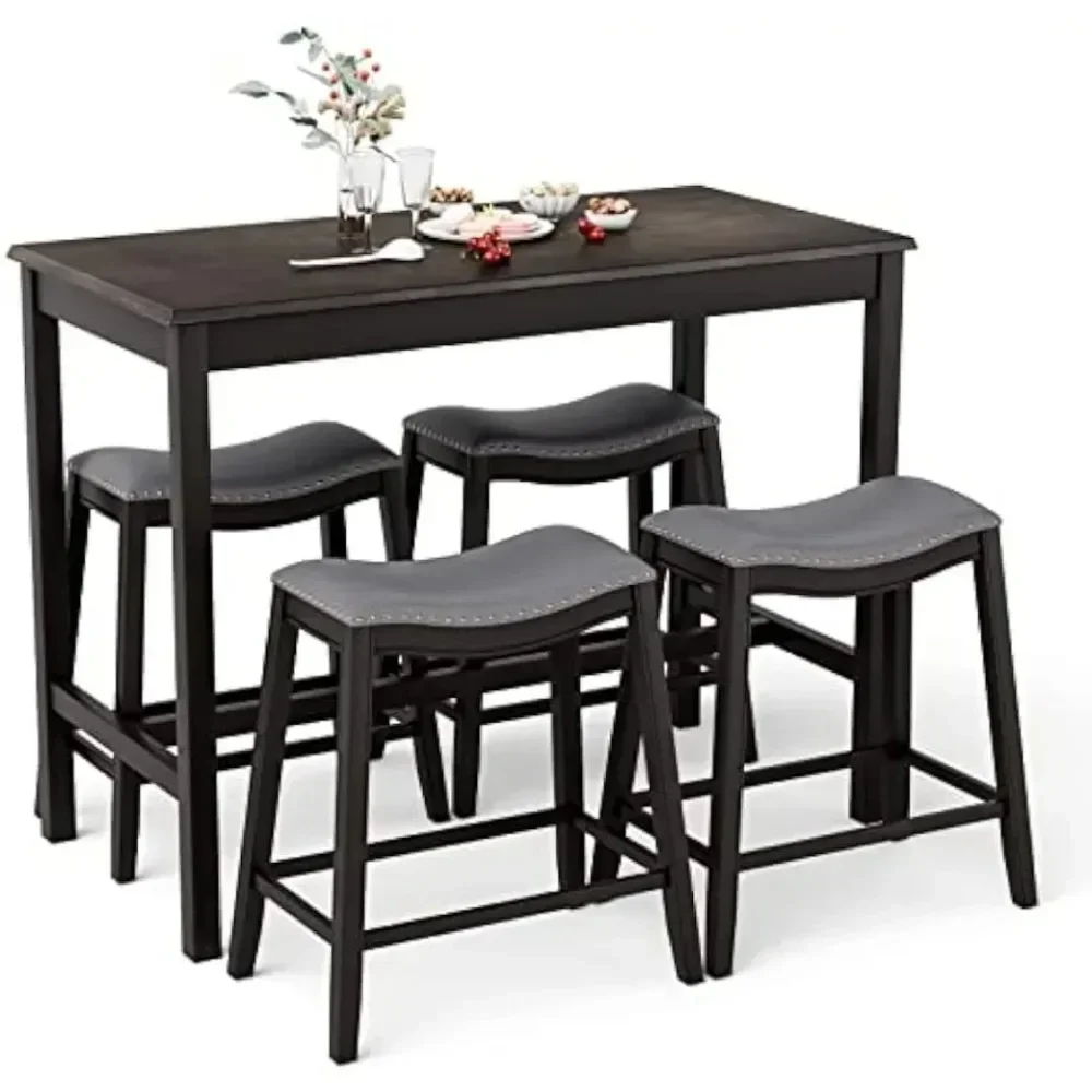 Dining Table Set for 4,  w/ 4 Stools, 5 Piece Bistro Table Set, Rubber Wood Pub Dinette Set w/Upholstered Stools, (Black)