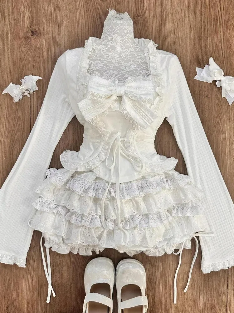 Long Sleeve Cardigan Tops+ Sweet Cute Lace Bow Strapless Vest+ High Waist Ruched Cake Skirts Early Autumn New Three Piece Sets