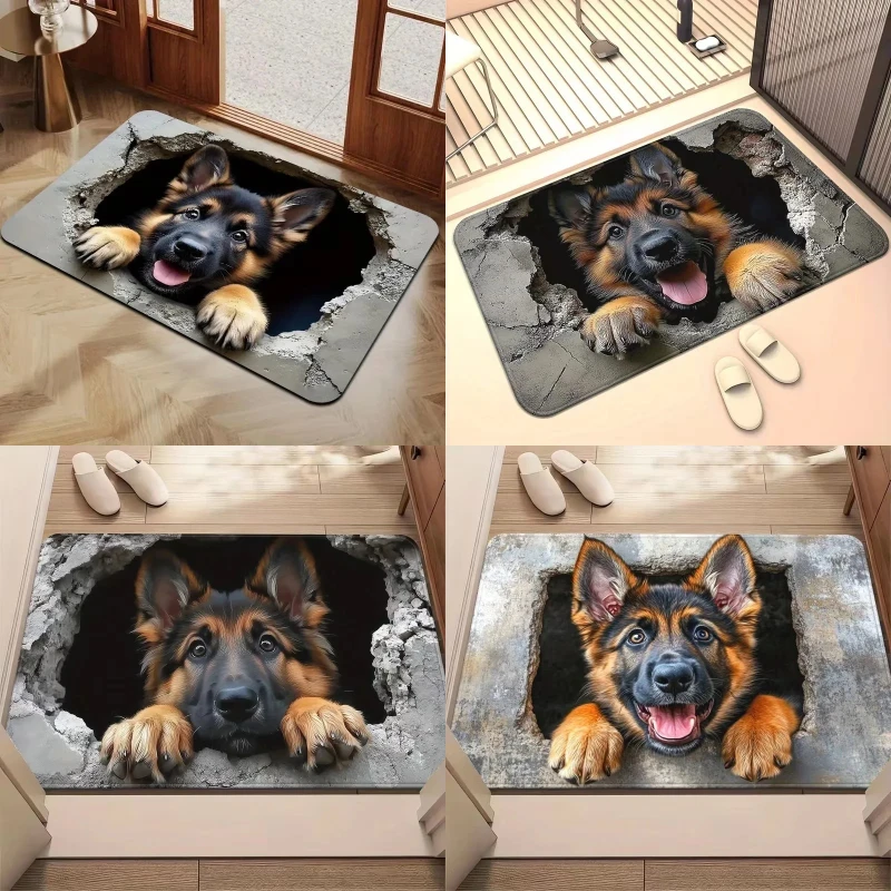 3D Illusion Hole German Shepherd Doormat Cute Puppy Pattern Soft Non-Slip Floor Rug Indoor Outdoor Carpet