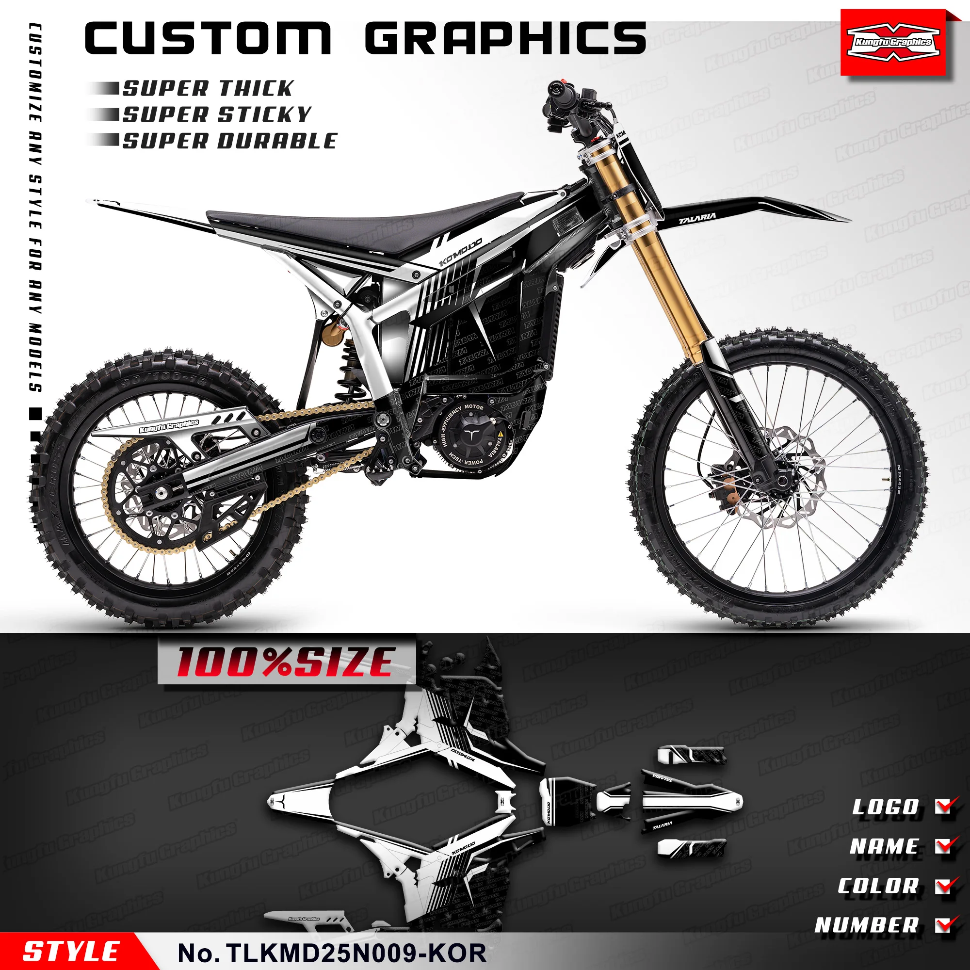 KUNGFU GRAPHICS Racing Sticker UV Resistant Laminate for TALARIA KOMODO Black White, Restyled, TLKMD25N009-KOR