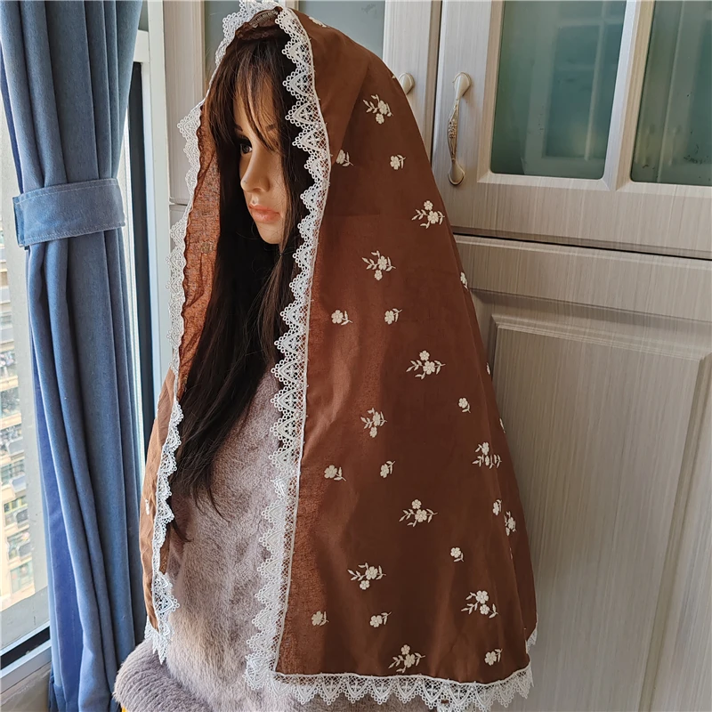 

Coffee Rectangle Cotton Embroidered Floral Mantilla Wrap Head Covering Women Catholic Gift Brown Mass Vintage White Cross Edge