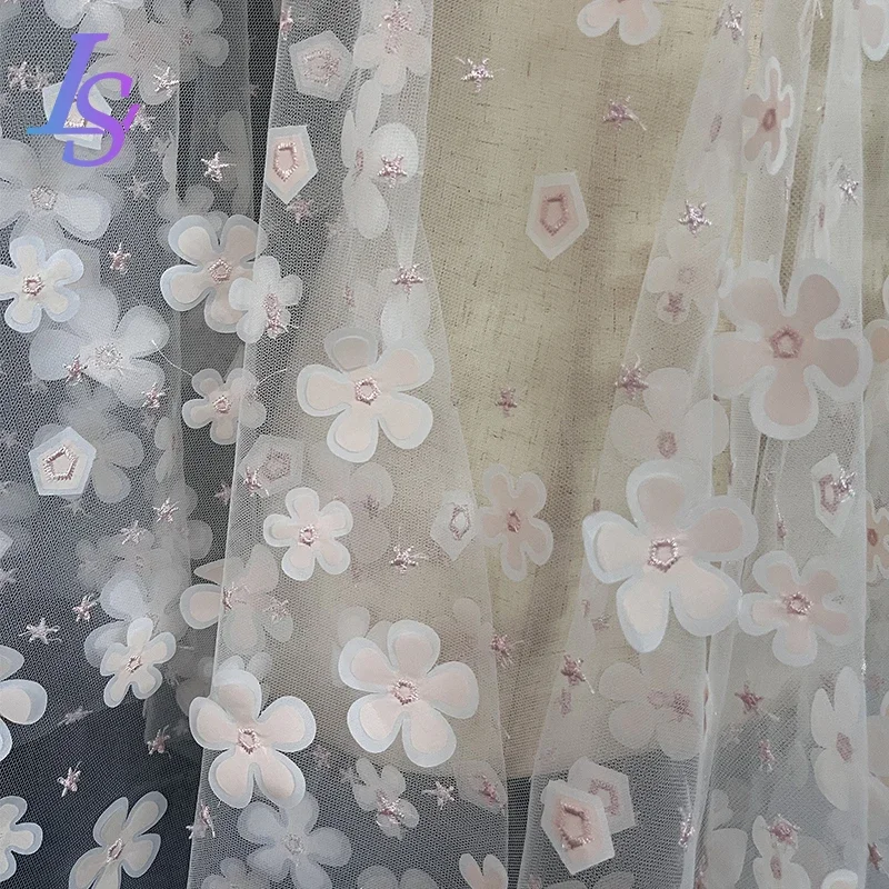 Pink three-dimensional flowers mesh gauze fabric star embroidery light top skirt garment decoration designer fabric