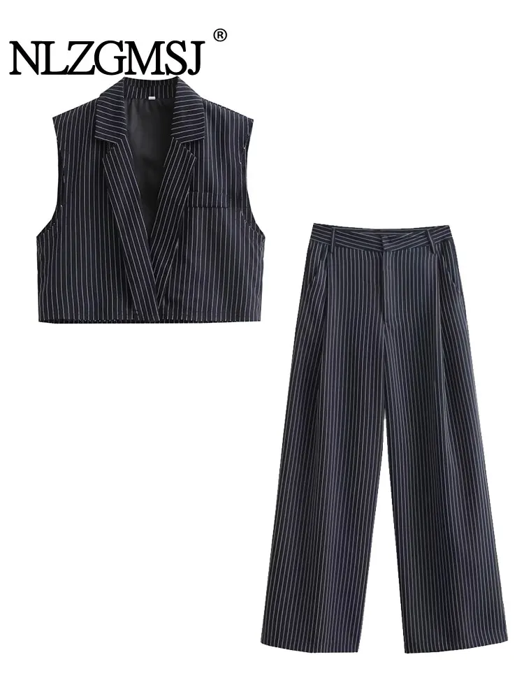 ฤดูร้อนผู้หญิงลายกางเกงกว้างชุดดิบ Hem แขนกุดลึก V คอ Blazer เสื้อกั๊กหญิง Crop Top ชุด