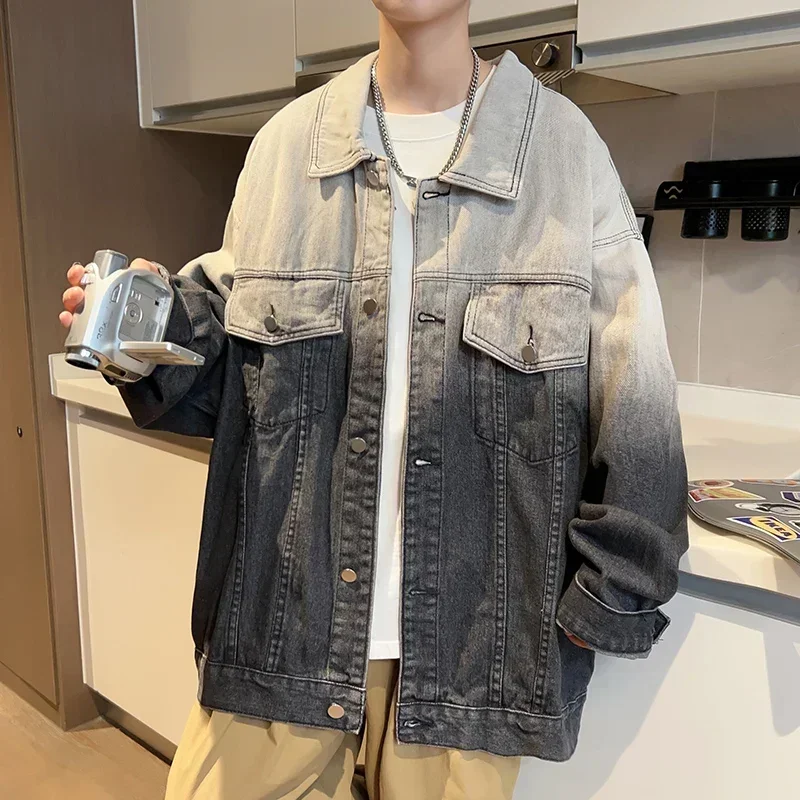 

American Retro Gradient Washed Denim Jacket Couple High Street Causal Loose Oversize Workwear Jackets Male Clothes