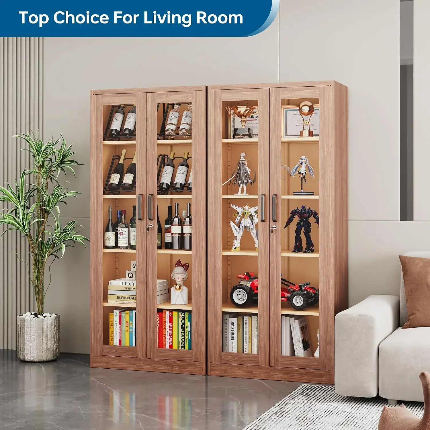 Display Cabinet with Glass Doors, 71 Inches Metal Display Case with 4 Adjustable Shelves, Curio Storage Cabinet with Lock for Ho