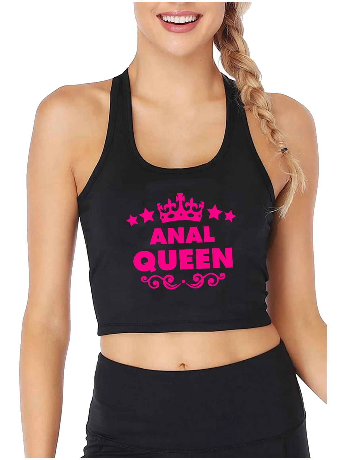 Anal Queen Design sexy Slim Fit Crop Top Swinger humorvollen Spaß Flirten Tank Tops Frauen freche Sport Leibchen