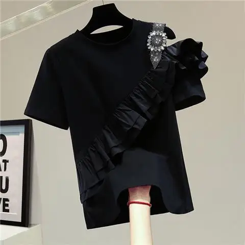 Neploe Off Shoulder Diamond Short Sleeve T-Shirt 2024 Summer Korean Loose Slim Ruffle Panel Solid Color Tops Femme Simple Tees