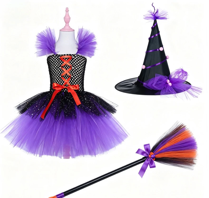 New Girls Halloween Party Stage Show Role Play Purple Witch Layer Sparkly Puffy Tutu Dress With Magic Broom Pointed Hat Outfit