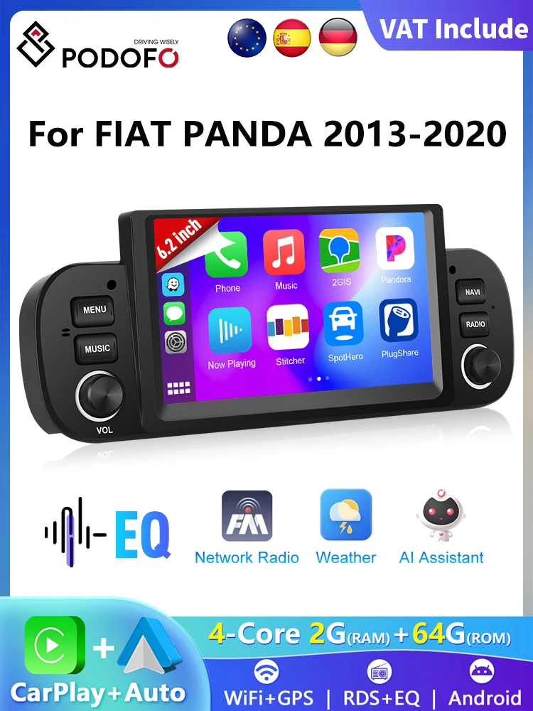 Podofo 6.2 ''CarPlay Android Auto Stereo Radio 2 + 64G Multimedia Speler Met FM GPS Bluetooth WIFI Voor FIAT PANDA 2013-2020 - afbeelding 2