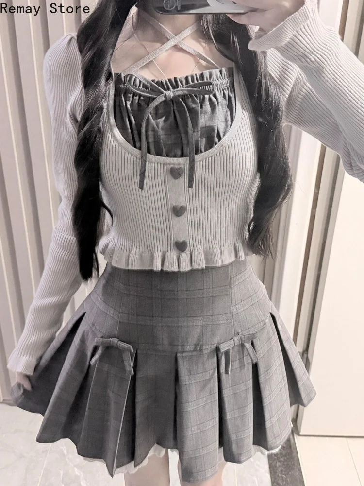 New Autumn French Elegant Fashion 2 Piece Set Women Fit Chic Coat + Mini Cake Skirt Vintage Y2k Aesthetic Princess Retro Outfits
