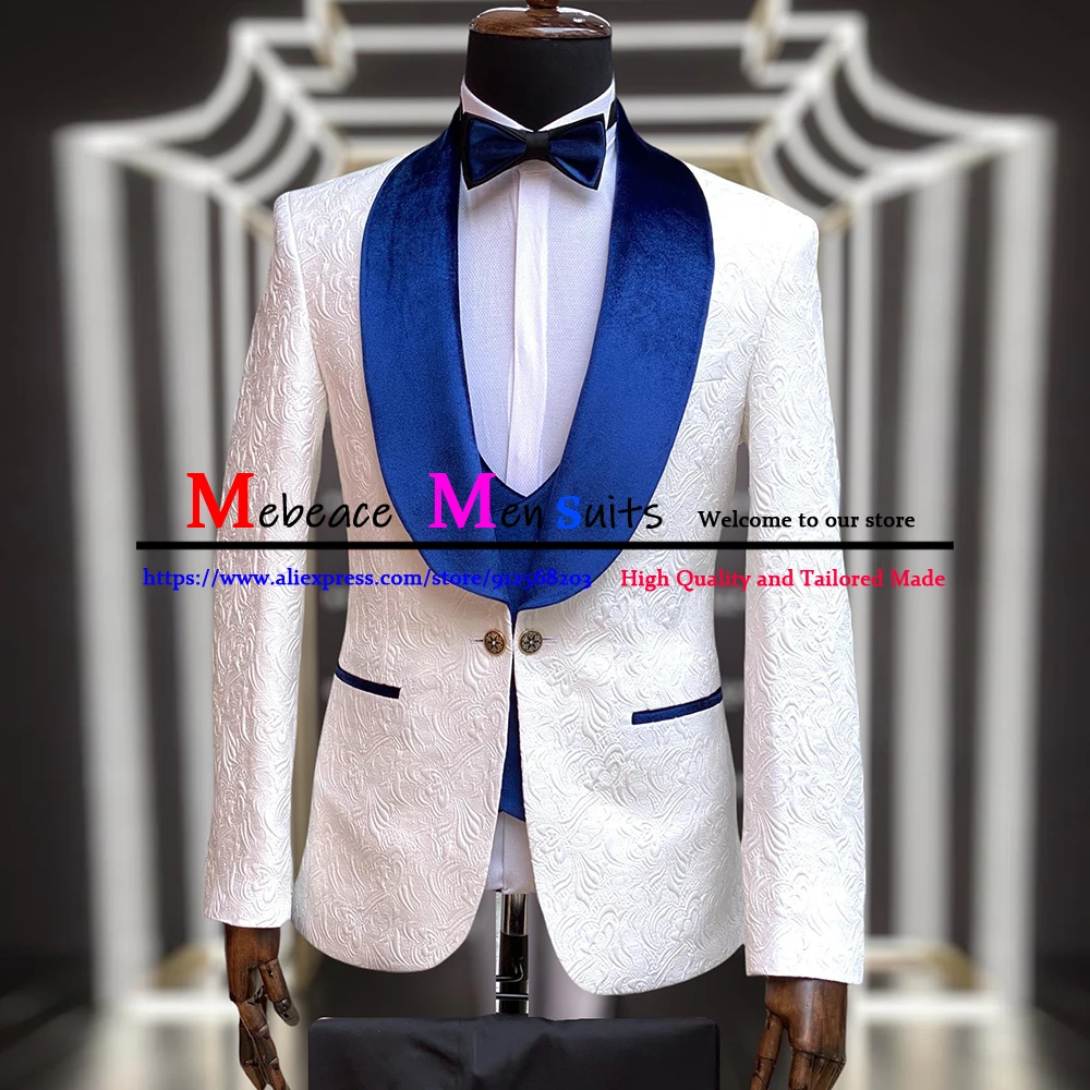 Fashion White Jacquard Pattern Slim Fit Men Suits 3 Pieces Set Groom Wedding Suit Tuxedo Groomsmen Party Blazer Terno Masculino