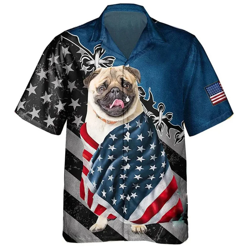 Bandeira americana masculina camisa havaiana, cão estampado em 3D, animal de estimação bonito, padrão animal, camisas de praia, moda, blusas de manga curta, botão lapela superior