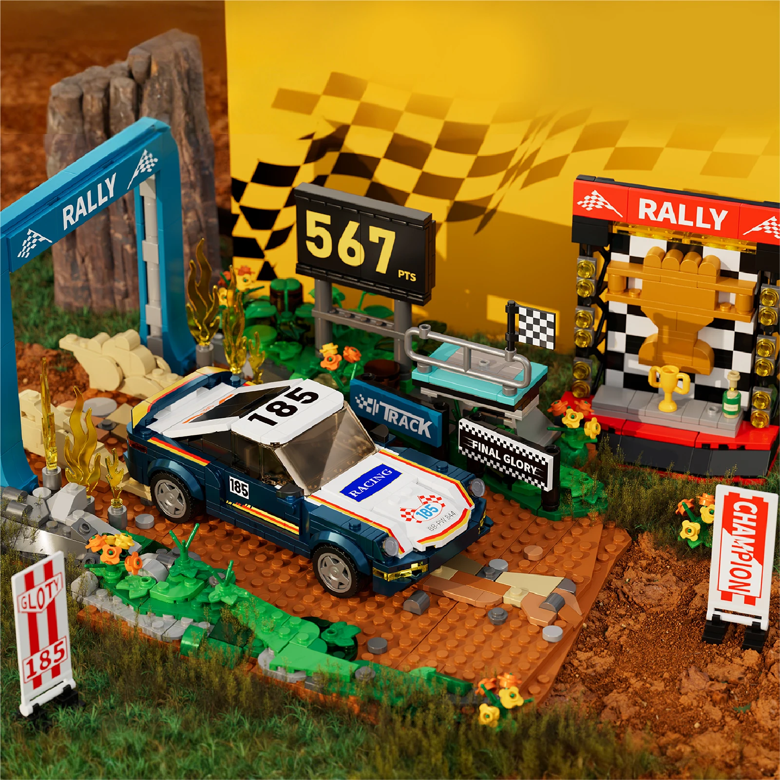 Set de Bloques de Construcción de Coche de Carreras Rally Final Glory de 1081 Piezas, Kit de Modelo de Coche Deportivo Clásico con Pista de Rally, Trofeo y Marcador, Ladrillos Coleccionables para Adultos, Juguete de Carreras, Decoración, Regalo para Entusiastas de los Coches y los Deportes de Motor, Adorno de Escritorio, Decoración para Estante de Exhibición
