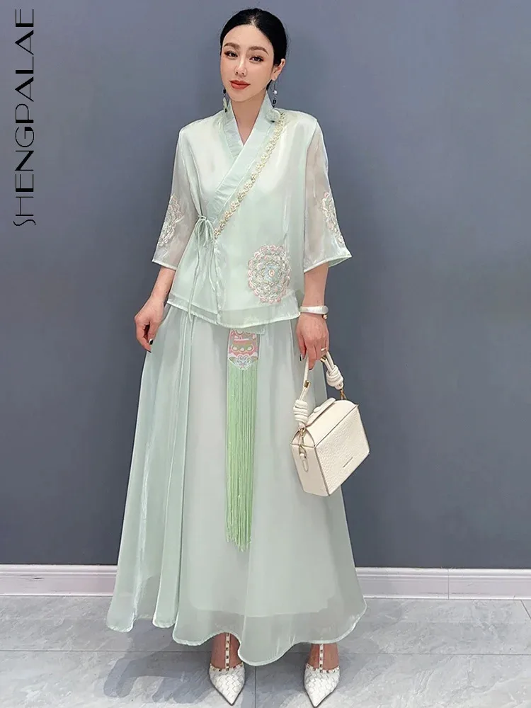 SHENGPALAE Women Two Piece Set Chinese Style 2024 Spring New Elegant Embroidered Diagonal Front Top And Large Swing Skirt 5R9687