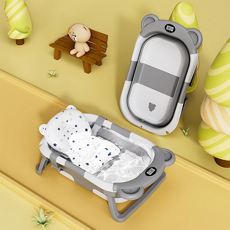 Waterproof Digital Temperature Sensing Foldable Silicone Infant Bath Tub Eco-Friendly Baby Bathtub Soft Cushion