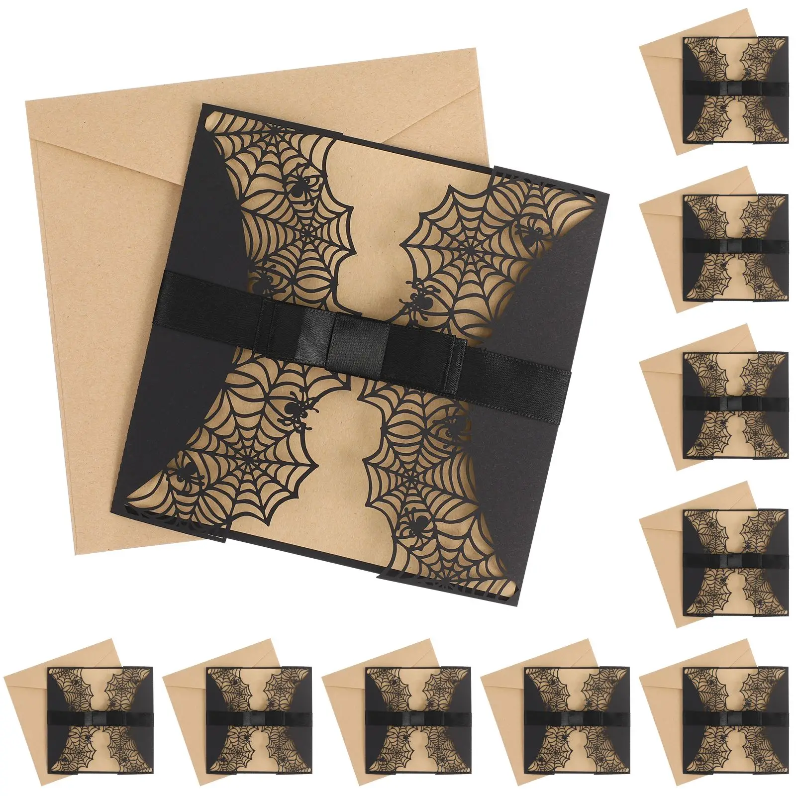 

10pcs Halloween Invitation Spider Web Invitation Card With Bowknot Envelopes Hollow Horror Party Invitation Card Halloween Decor