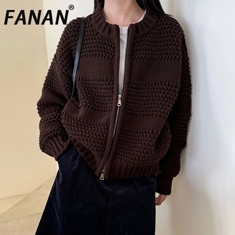 

FANAN толстый теплый вязаный свитер женский с круглым вырезом двойная молния дизайн свободные универсальные пальто женские куртки зимние новые