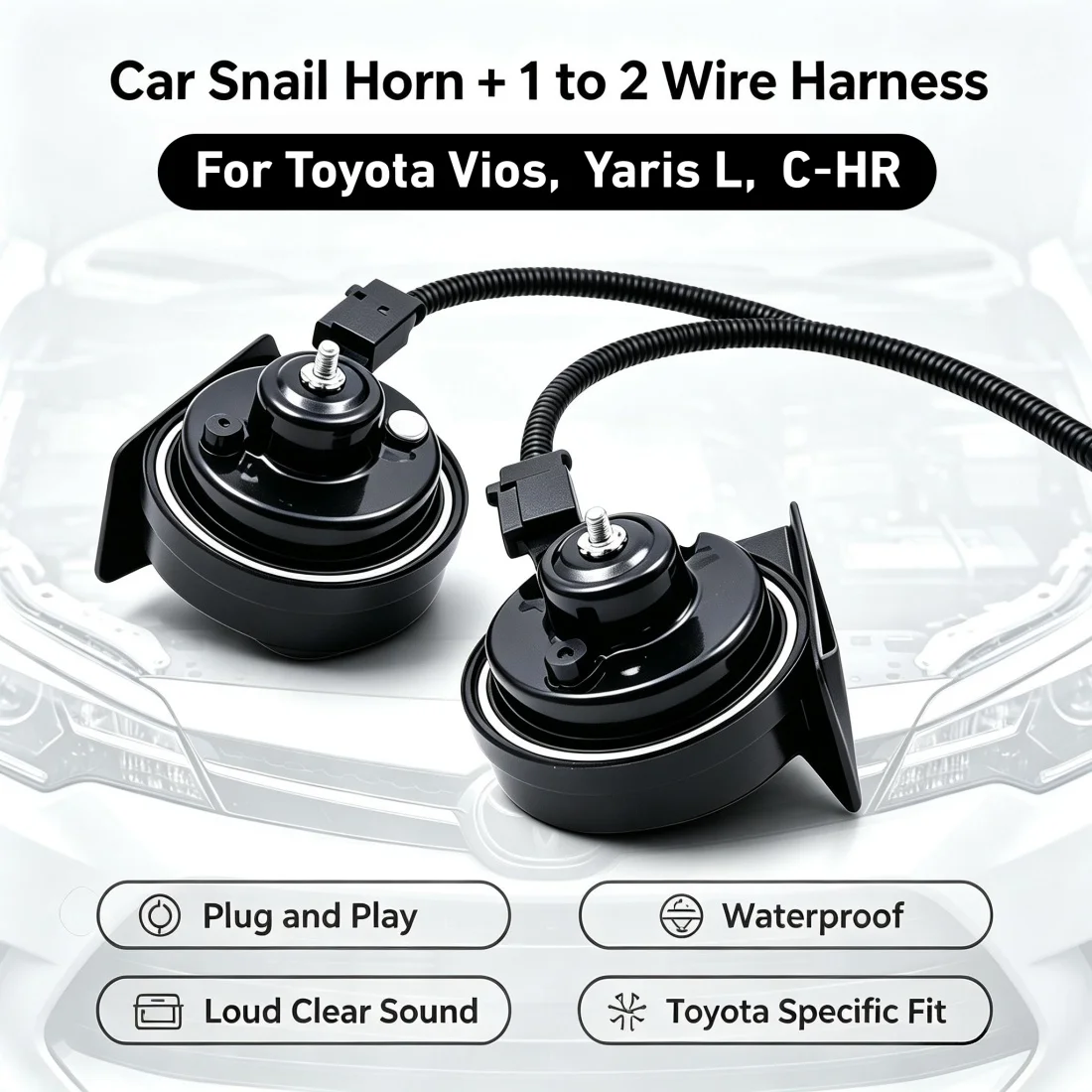 12V 120dB Auto-Schneckenhorn Autolautsprecher mit starkem Bass, wasserdichtes Horn mit 1-zu-2-Kabelbaum für Toyota Vios /Yaris L /C-HR