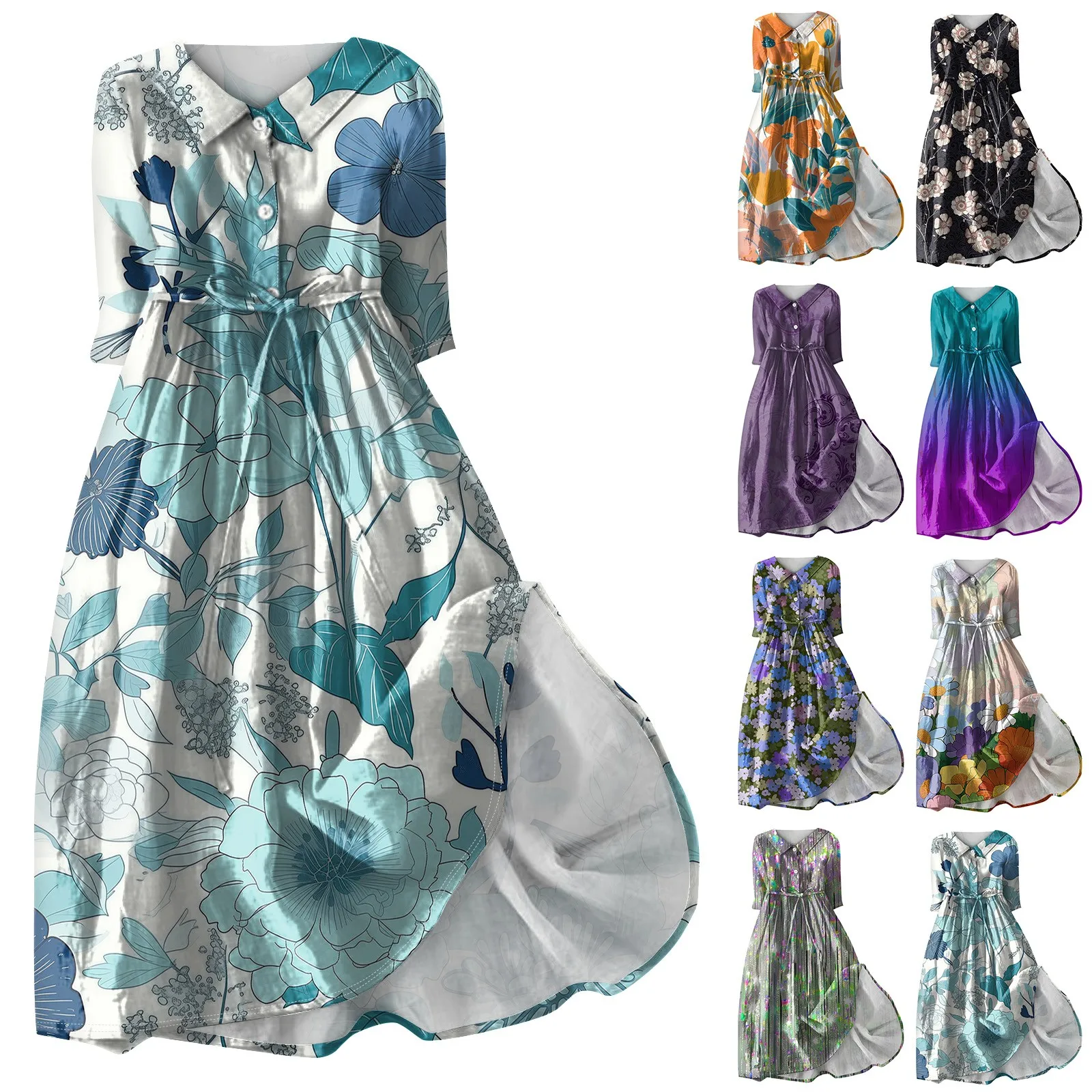 فستان نسائي كلاسيكي مطبوع بأزرار لأعلى ، كم ، ياقة قلاب ، خصر مرتفع ، رباط ، فستان مزين بأربطة ، موضة كلاسيكية