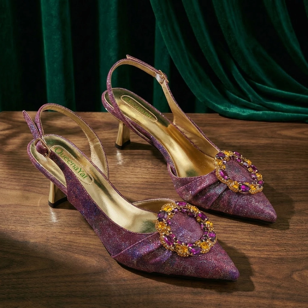 Purple Multicolor Rhinestone Circle Slingback Heels Rhinestone Ring Handle Evening Clutch Women Wedding Matching Shoe and Bag Se