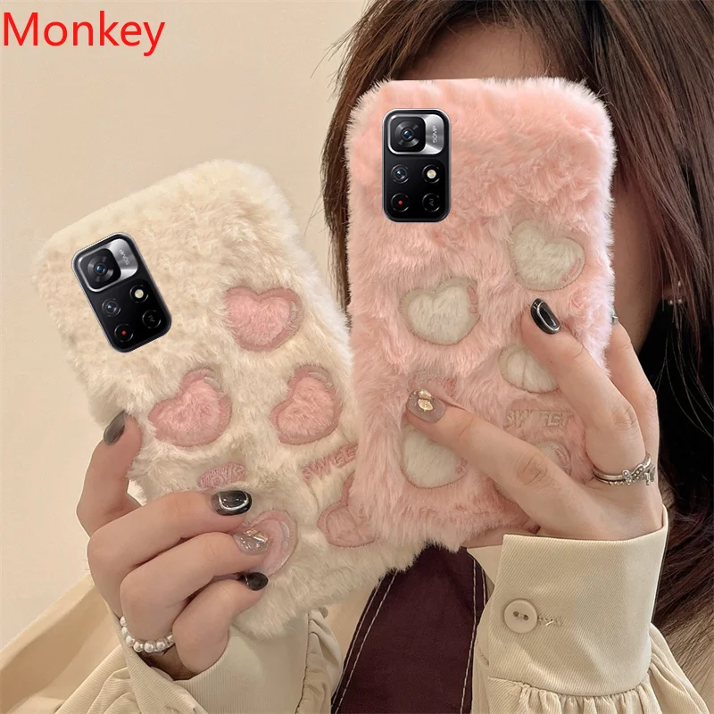 Korean Cute Love Heart Plush Warm Fluffy Phone Case For Xiaomi 12T 11T Redmi Note 12 11 10 9 S 11S 10S 9S 9T 10A 10C 9A 9C Cover