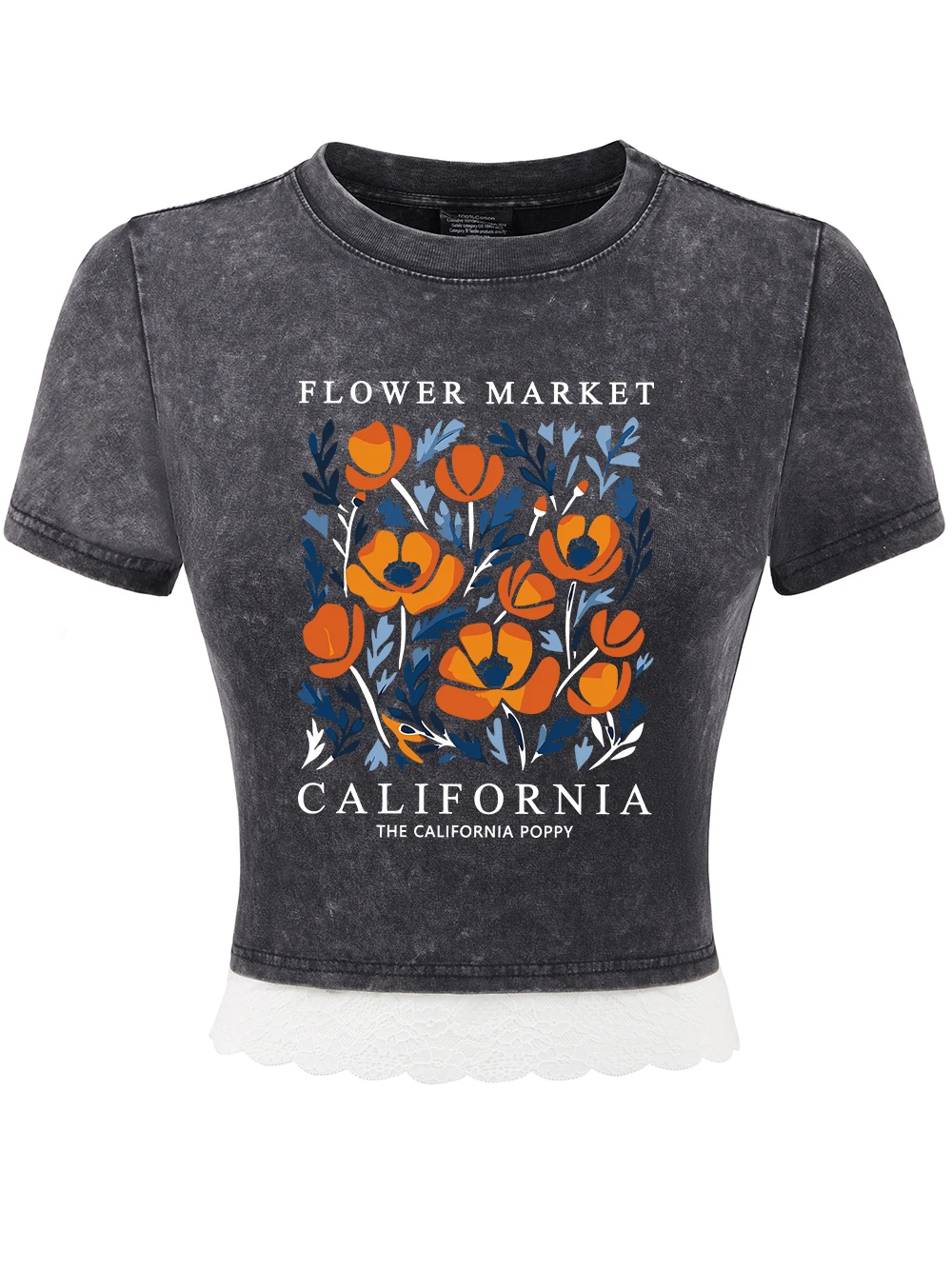 

Хлопковая стираная футболка с принтом Flowers Market California, женские летние укороченные футболки с кружевным подолом Y2K, топы обычного кроя с круглым вырезом, сексуальная одежда
