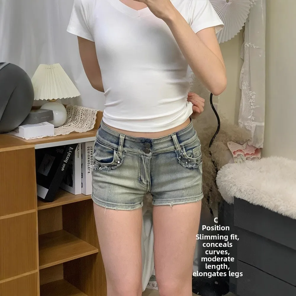 

Retro American Denim Shorts Women's Summer Thin Tight Elastic A-Line Super Short Spicy Hot Pants Casual Zipper Wide Leg Jeans
