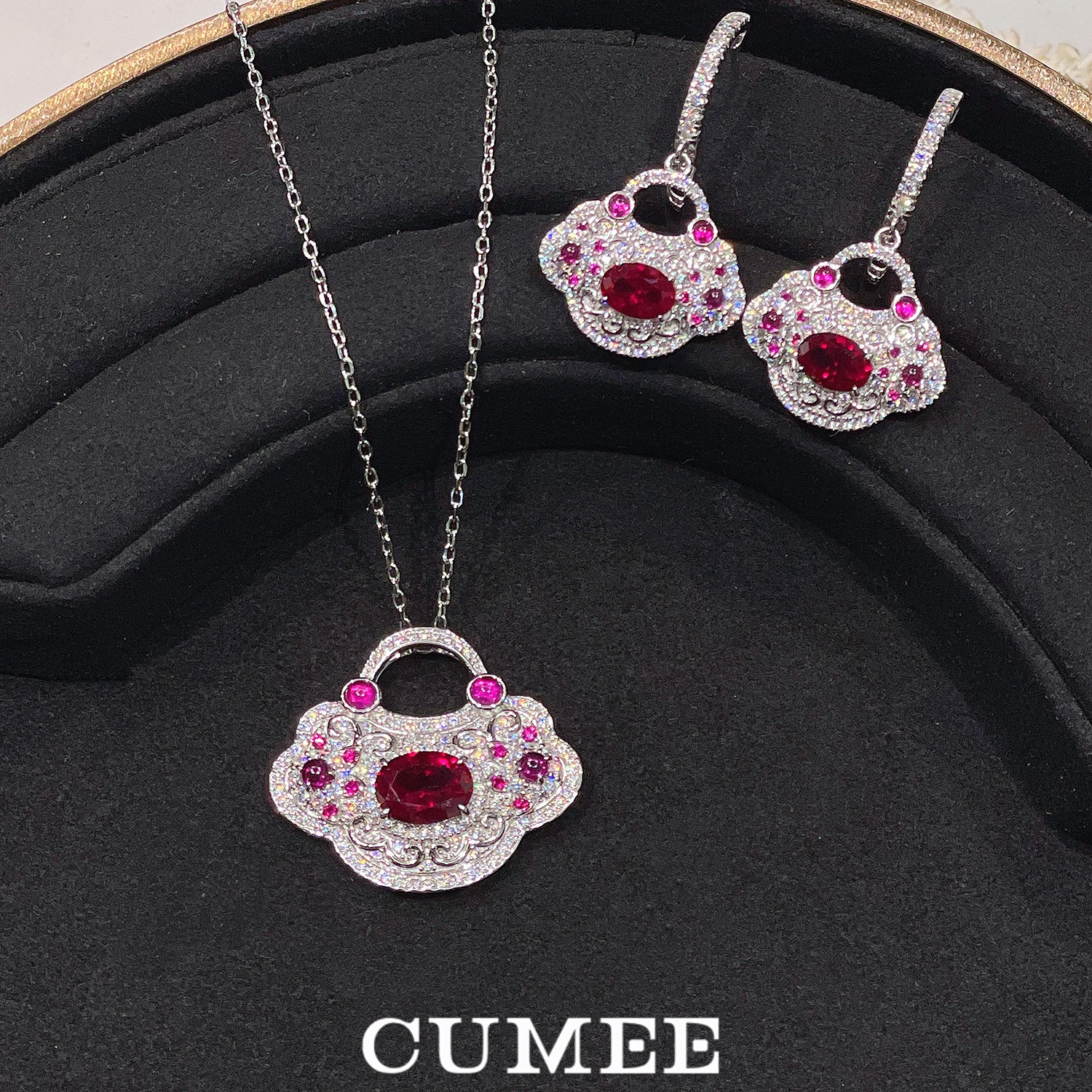 CUMEE Retro New Chinese Style Micro-set Peace Lock Cultivation Synthetic Ruby pendant for Women  Silver Plated Gold