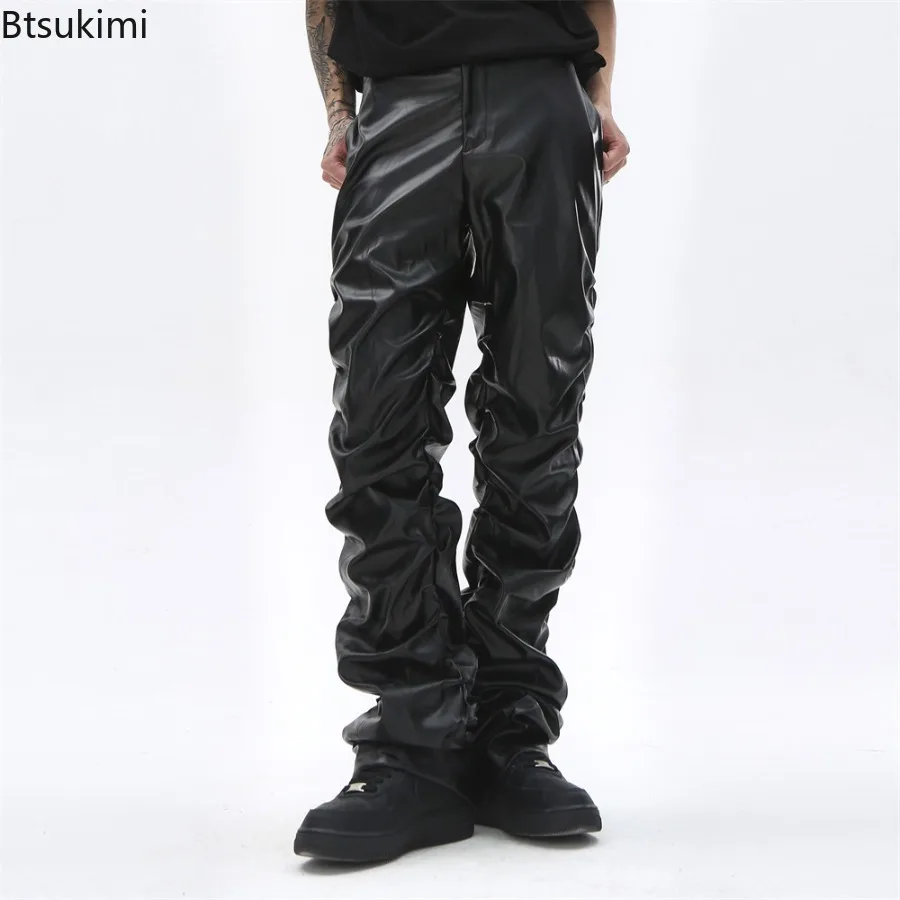 

Брюки из искусственной кожи в стиле хип-хоп, мужские черные плиссированные винтажные повседневные брюки Harajuku, уличная одежда, весенне-осенние свободные прямые кожаные брюки