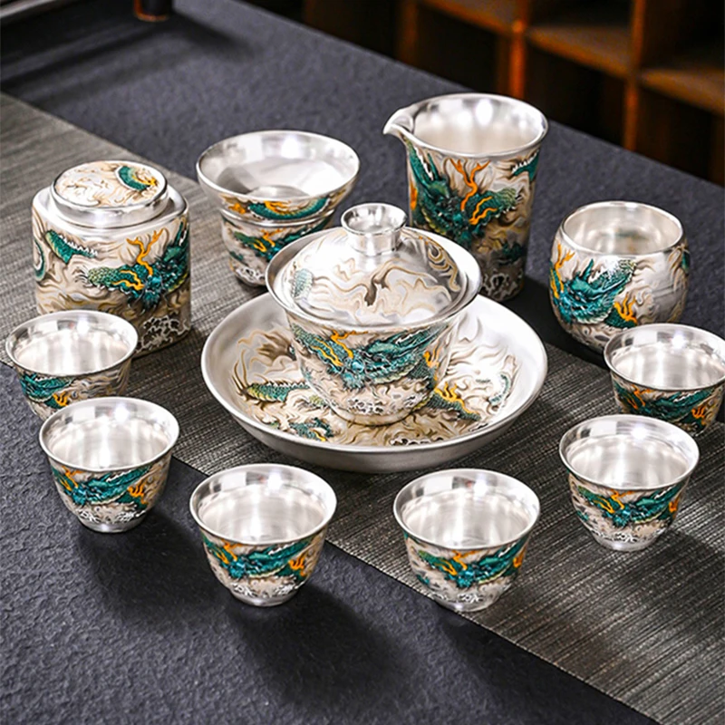 

High-grade silver tea set 999 sterling silver painting hand relief teapot lid bowl assembly kung fu tea set