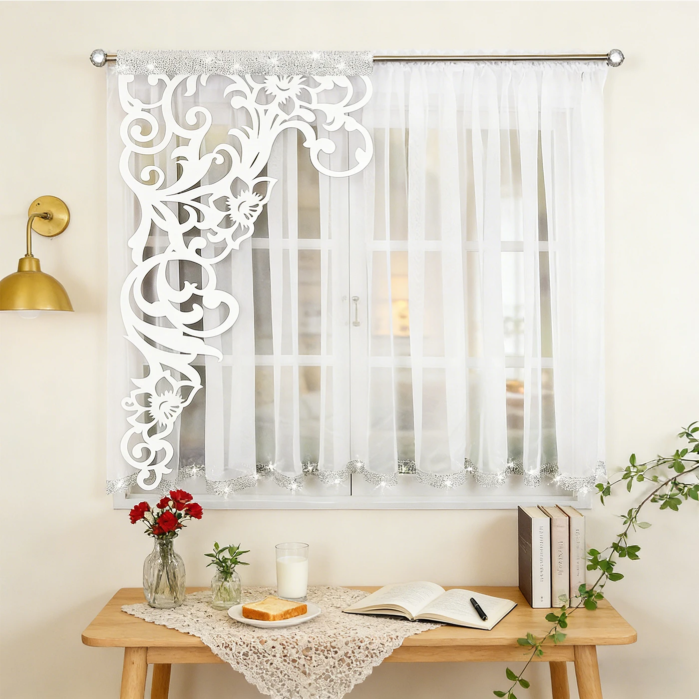 Voilages blancs en dentelle florale découpée au laser avec bordure de sequins argentés, rideaux semi-occultants à passe-tringle pour salon, chambre, cuisine, décoration élégante pour la maison