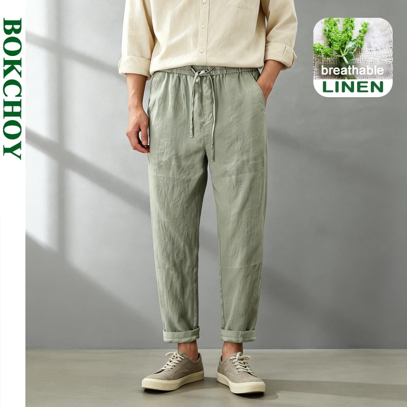 

2026 Spring Summer New Thin Breathable Pure Linen Pant for Men Casual Slim Drawstring Summer Pants CM3612