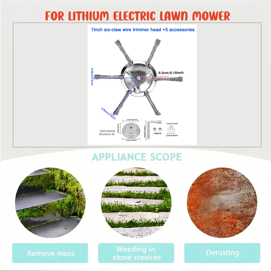 7-Inch Six-Claw Steel Wire Trimming Head with 5 Accessories Including a More Secure Aluminum Base Cover, 5mm Mounting Hole, Easy to Install