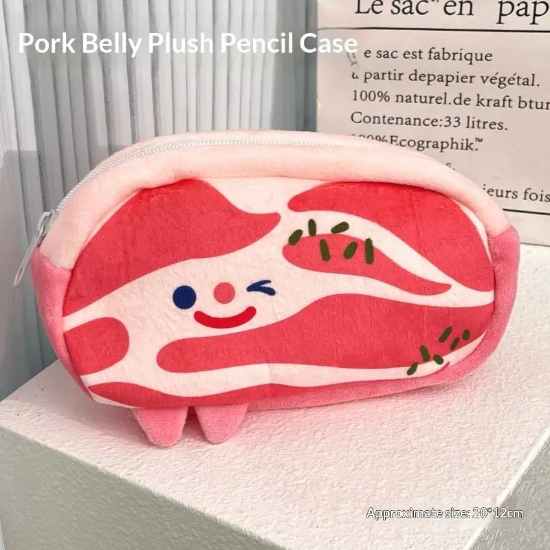 Cute Bacon Plush Pencil Case Funny Food Shape Pen Bag Large Capacity Soft Stationery Pouch for Student