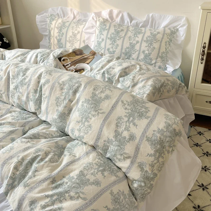 

Korean Style Princess Floral Washed Cotton Bedding Set Vintage French Pastoral Flowers Lace ruffles Duvet Cover Set Pillowcase