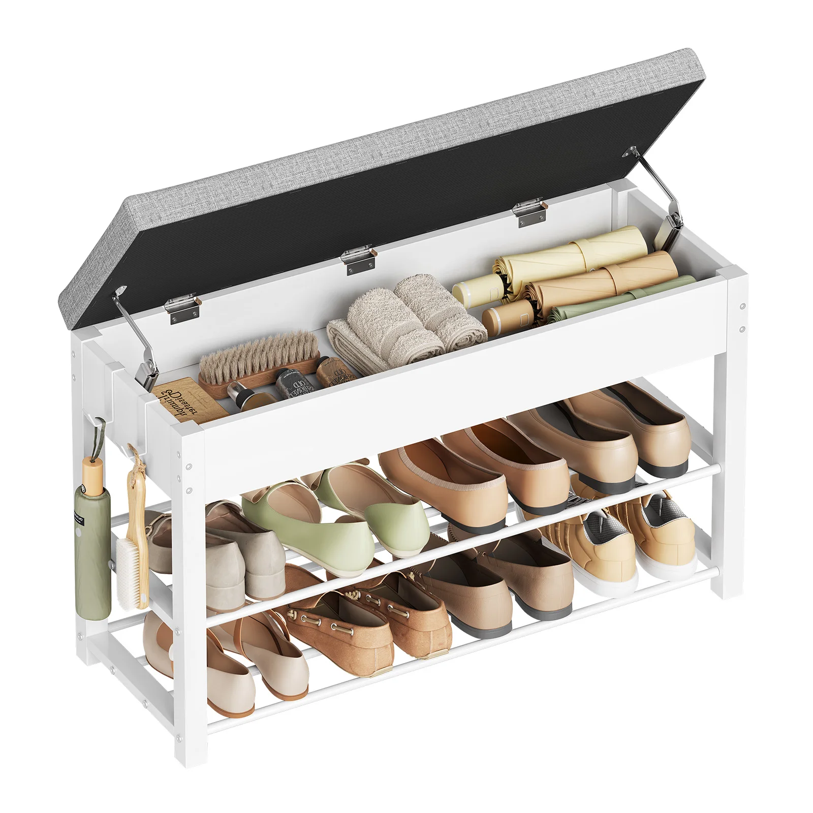 WOLTU Schuhbank mit gepolstertem Sitz, doppellagiges Schuhregal mit verstecktem Fach und 2 Haken für Flur, Eingangsbereich, Wohnzimmer, 80 x 50 x 30 cm