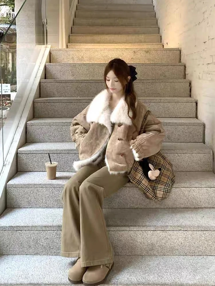 Koreański płaszcz damski ort, ciepły, z kołnierzem ze sztucznego futra, zimowa odzież wierzchnia, dopasowany krój, długi, jednolity kolor, zapinany na guziki, kurtka.