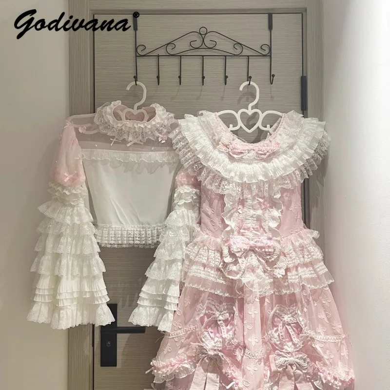 Camicetta di pizzo a maniche lunghe svasata da donna originale per ragazze Top Fairy Sweet Fluffy Pink Bow Jsk Princess Dress Abiti romantici