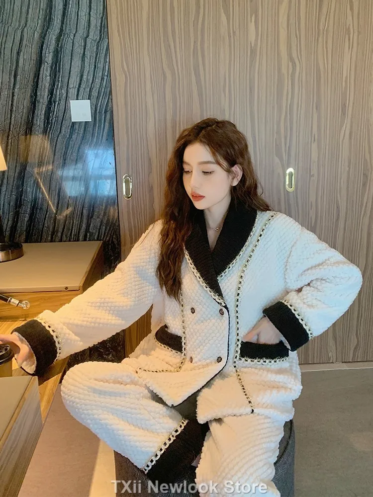 Coral Velvet Pajamas For Women In Winter New Style Thickened Warm Flannel Cardigan Household Suit Brand style casual sleepwear