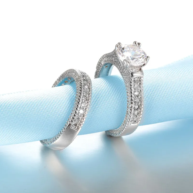 

Elegant Wedding Engagement Couple Rings Set 925 Sterling Silver Color Anniversary Accessory With Full Shiny Cubiz Zircon Stone