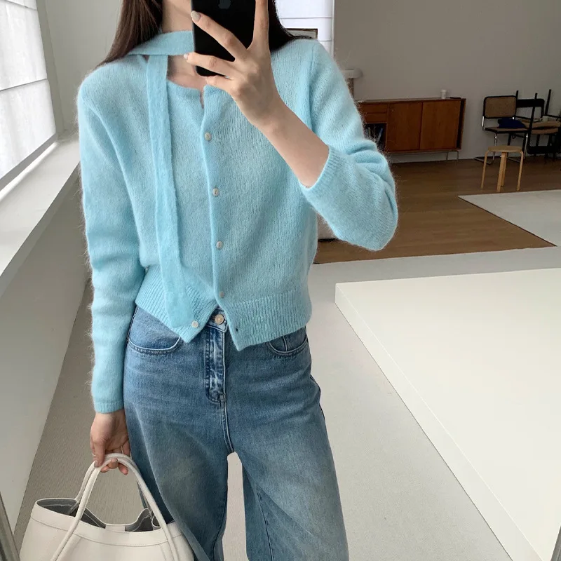 

Женский мягкий вязаный свитер 2024, весенний уютный пуловер с завязками на шее и круглым вырезом на пуговицах