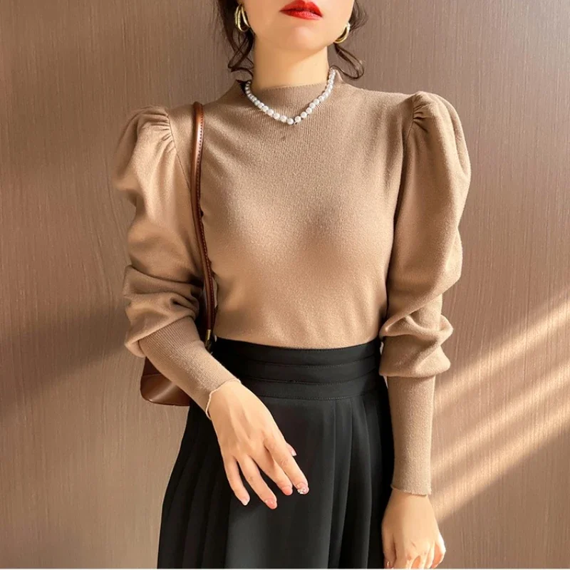 البلوز متماسكة القمم تريكو سترة المرأة محبوك قمصان الخريف الشتاء موضة الإناث الصلبة مطاطا عادية نحيل البلوزات ضئيلة #2