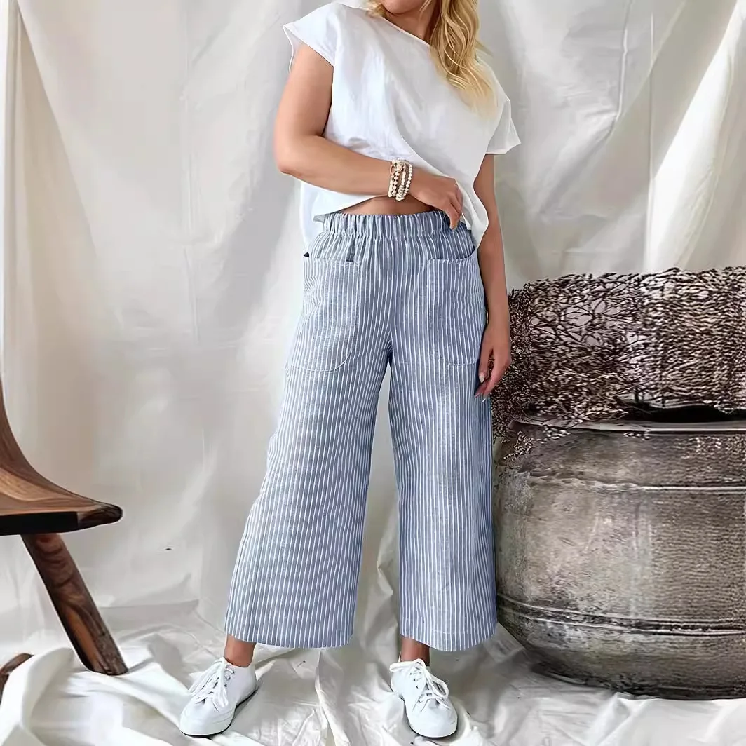 Ankle Length Pants for Women Stripes Baggy Sweatpants Women Elastic Waist with Pocket Sports Pants Lady Wide Leg Pant Streetwear