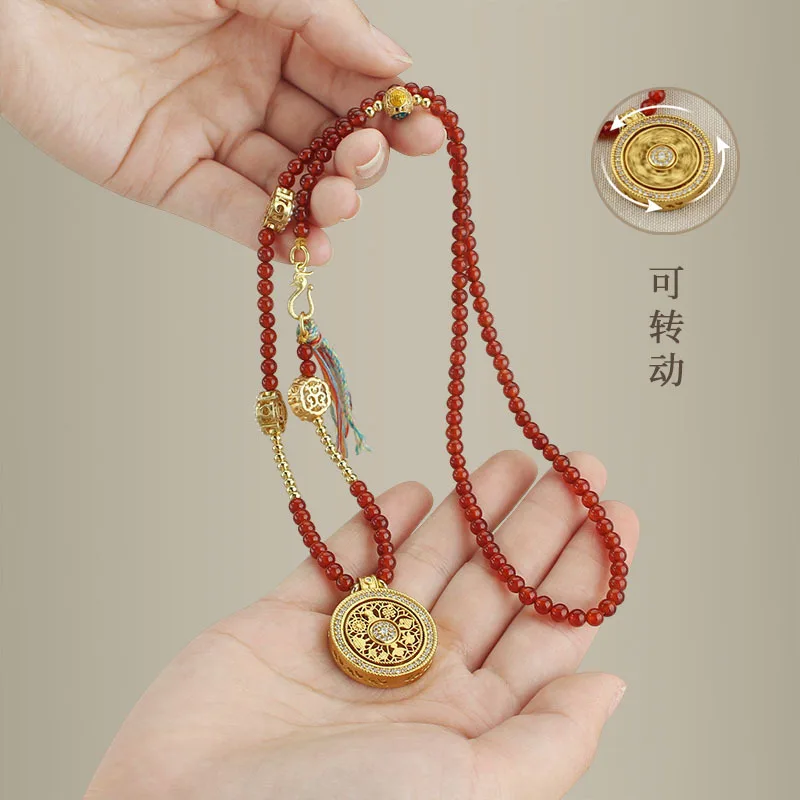 DIY accessories Guochao ancient sand gold rotatable pendant necklace new Chinese agate beaded sweater chain pendant retro access