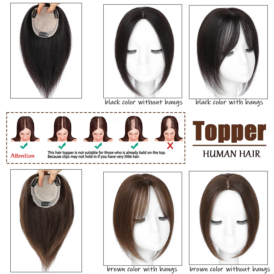 Dazzeal Toppers Hair Pieces For Women Straight Silk Base Human Hair Topper With Bangs Clip Hair Extensions Women\'s Hair Toppers