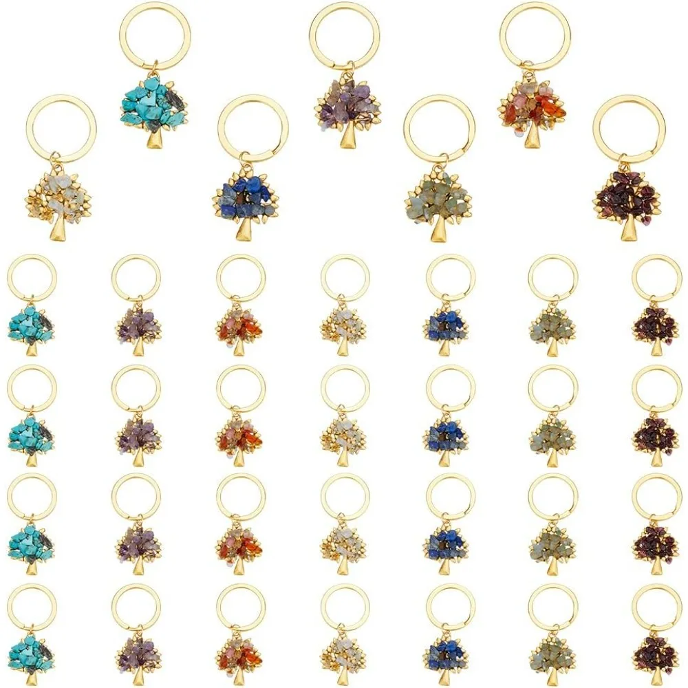 28Pcs 7 Styles Tree of Life Keychain with Gemstone Chip Beads and Alloy Gemstone Charm Keychain Natural Crystal Stone Keyrings